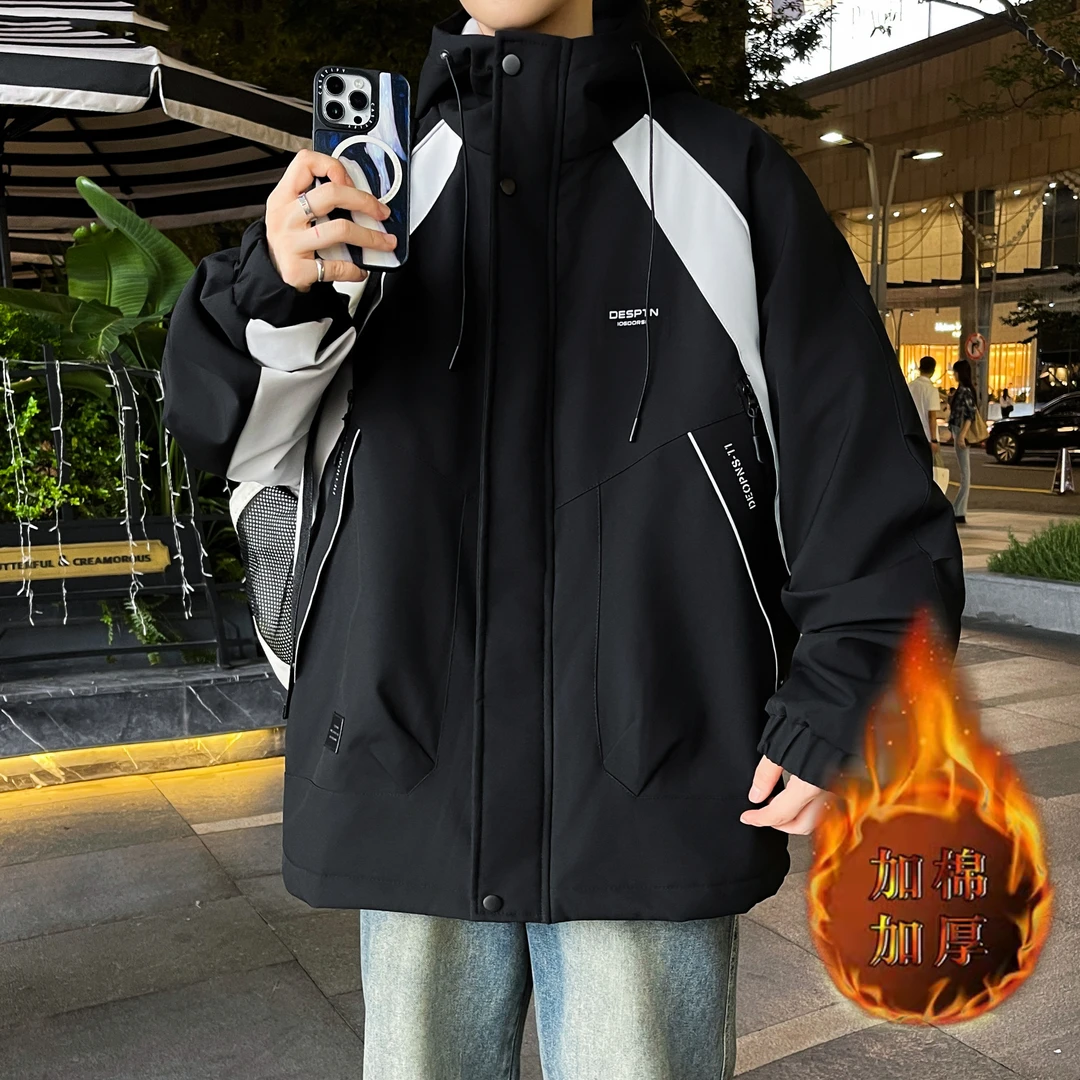 加棉外套青少年秋季冲锋衣夹棉外套男拼色帅气夹克连帽宽松上衣