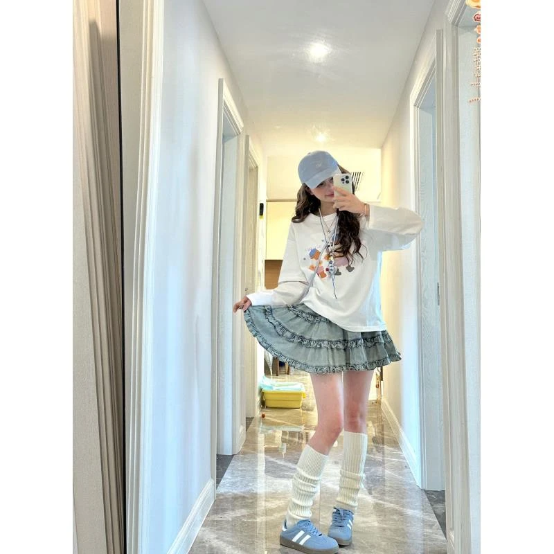 韩系早春新款甜美蛋糕裙木耳边显瘦休闲牛仔半身裙