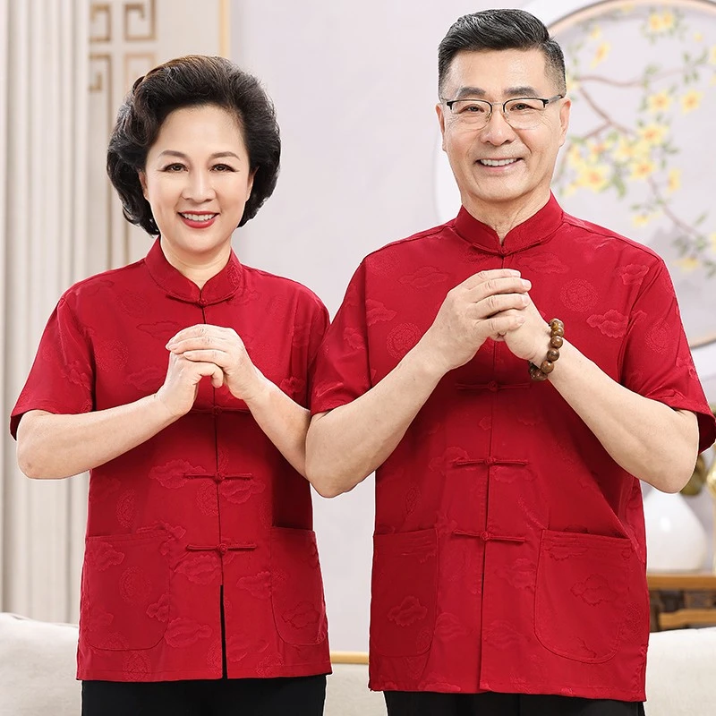 啄木鸟夏季休闲唐装男士中式短袖套装中老年情侣男女宴会爷爷汉服