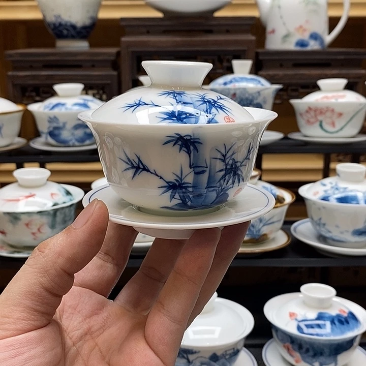 手绘茶具竹子盖碗
