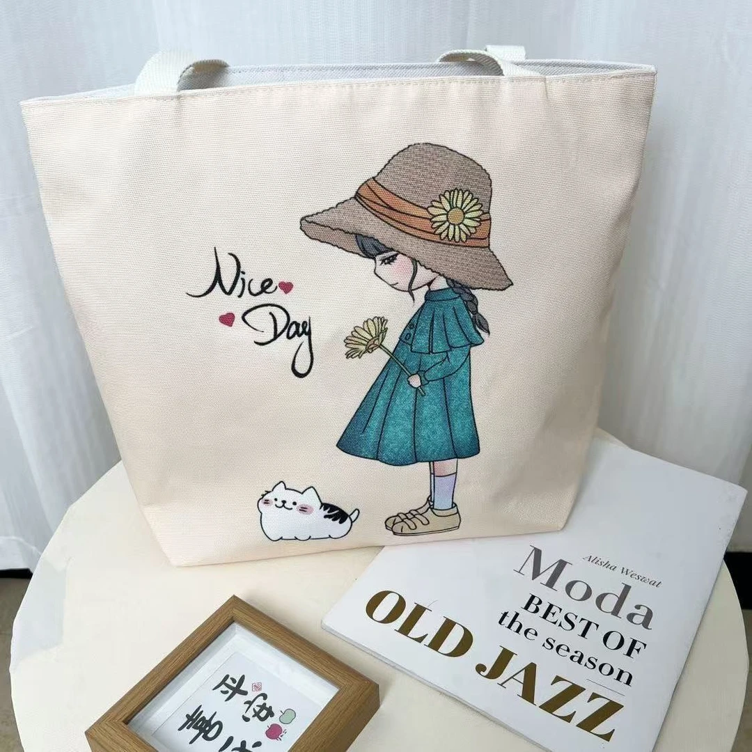 2025新款雏菊女孩帆布包包托特包休闲百搭时尚白色印花卡通手拎包