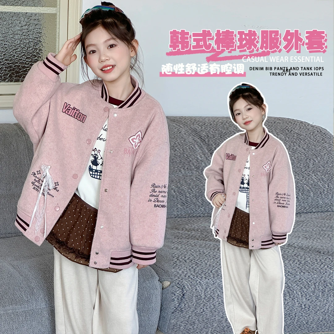 女童秋冬新款韩系字母刺绣蝴蝶结棒球服大童女孩夹棉呢子外套9-15
