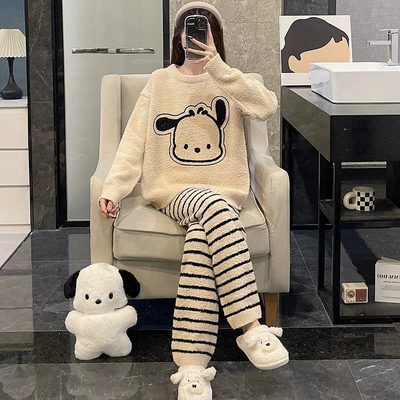软绵绵睡衣女秋冬季加厚保暖珊瑚绒条纹甜美小狗半边绒家居服套装