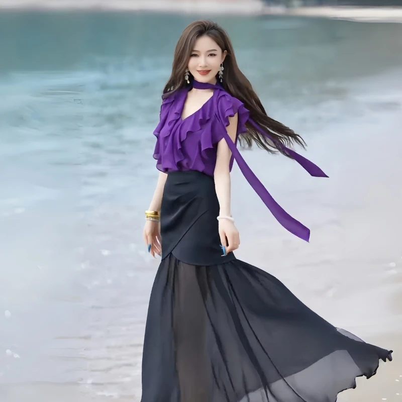 时尚套装高腰夏季显瘦洋气上衣短袖裙子女神范小众无袖雪纺衬衫女