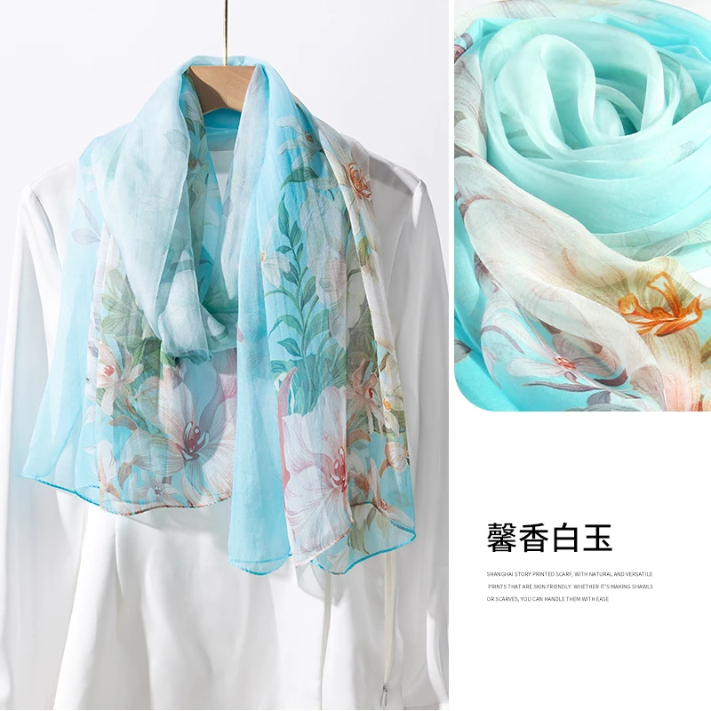 达芬奇密码春花秋月系列真丝高档长巾时尚百搭淡雅女士 馨香白玉