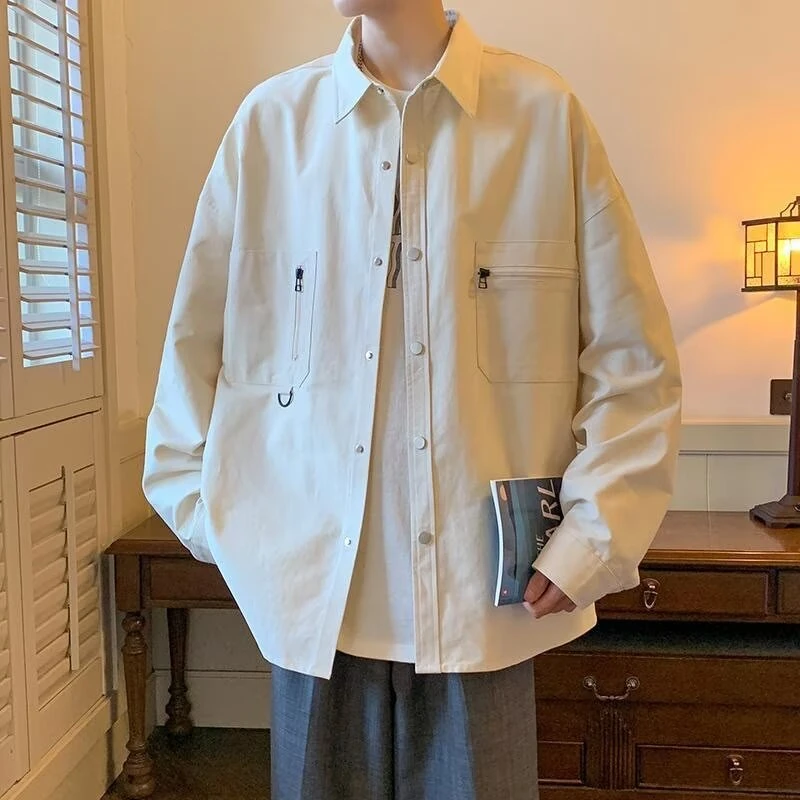 春季青少年美式复古工装衬衣外套男款长袖衬衫春秋季日系翻领衬衣