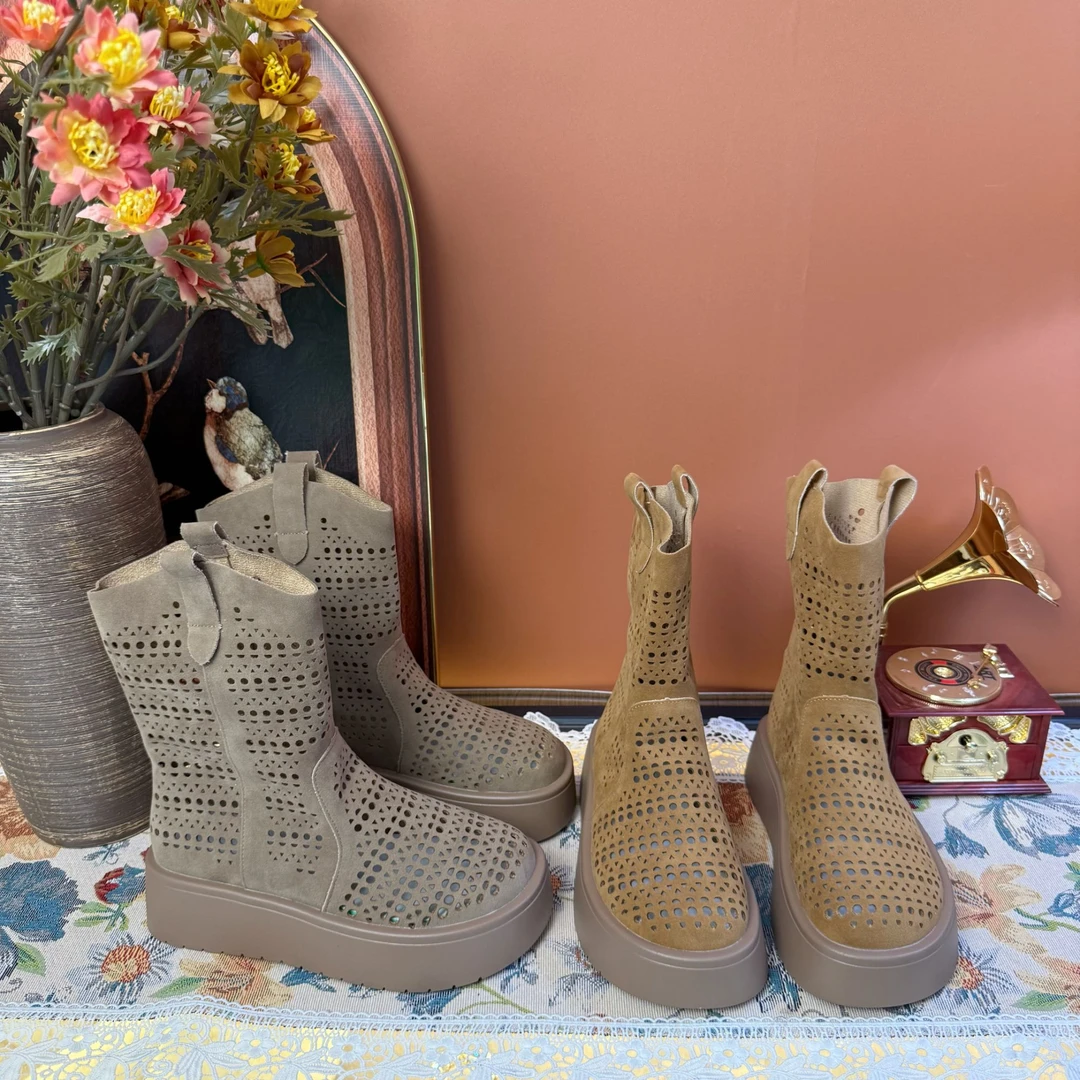 1增高5CM~小个子洞洞靴厚底百搭短靴2025新款夏季显瘦软底透气