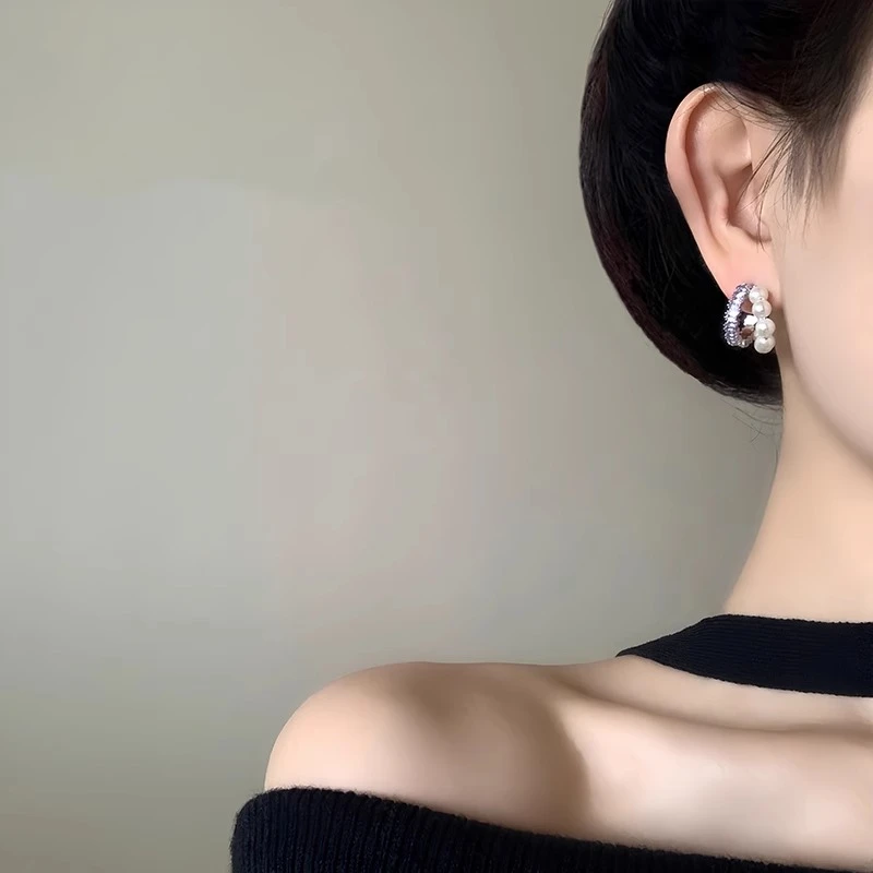 铜合金耳饰 925银针优雅气质高级感双层C形紫钻珠珠耳环小香风女