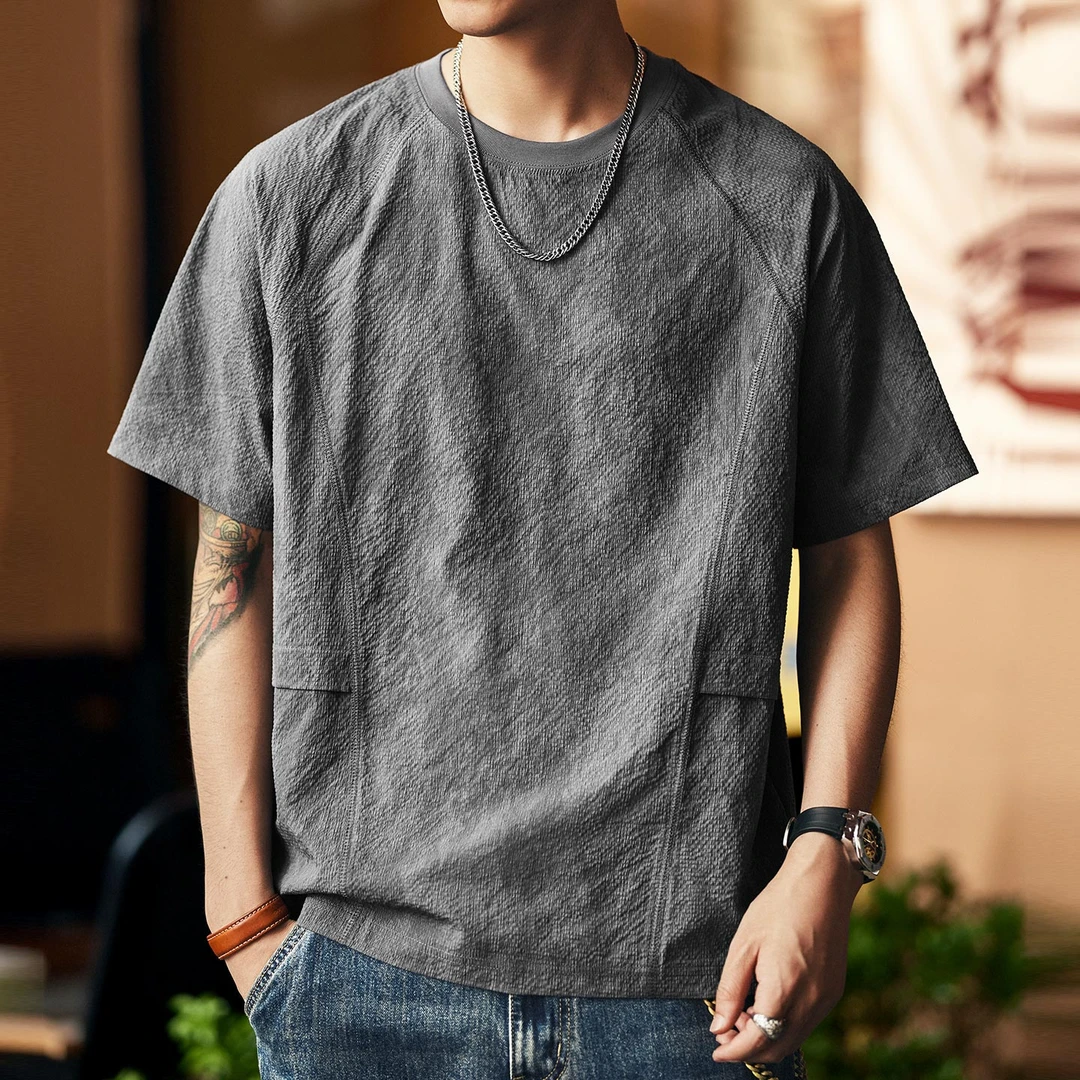 格蓝鹿高端潮牌冰丝薄款泡泡纱短袖T恤男士夏季拼接日系圆领半袖