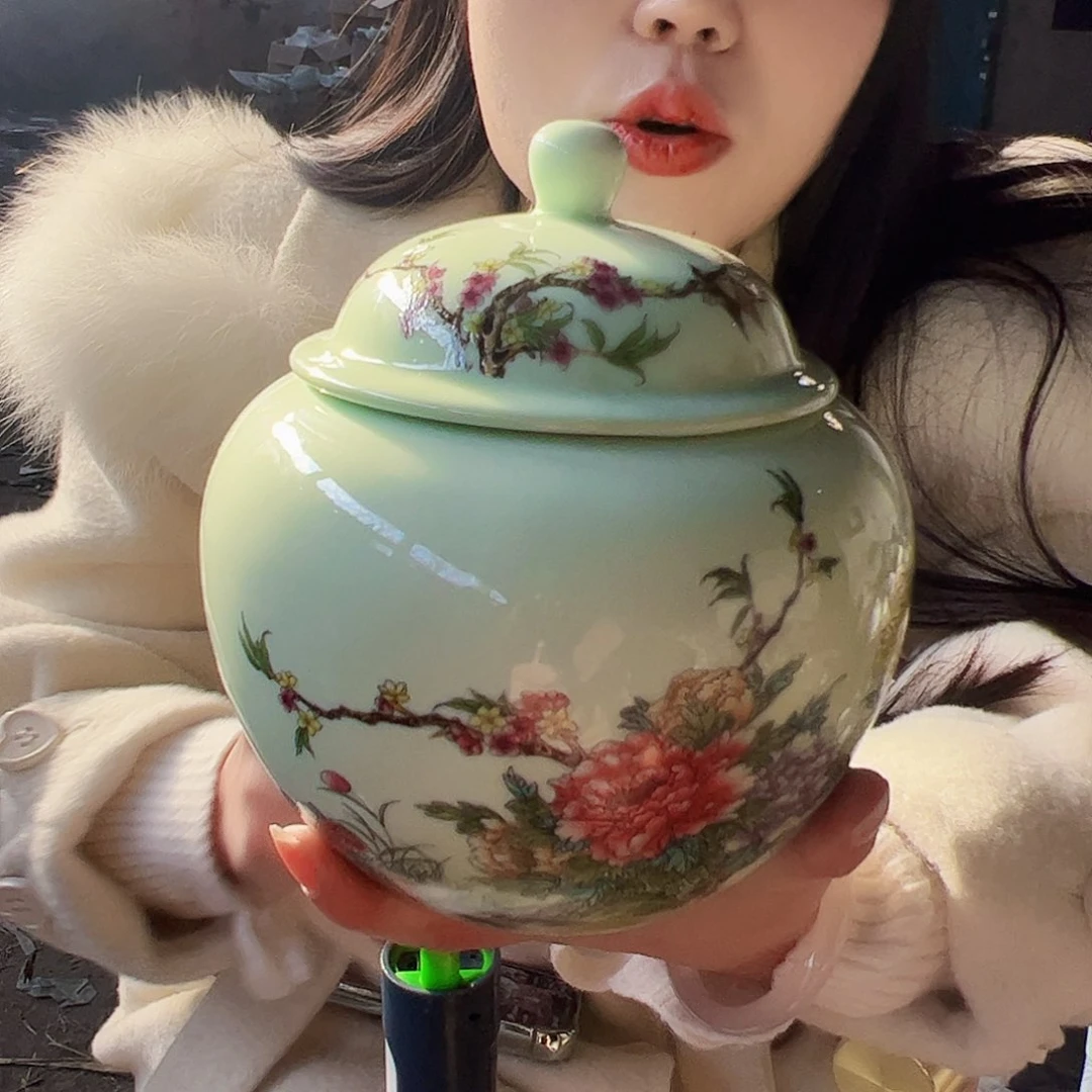 摆件陶景德镇绿花鸟宝珠罐
