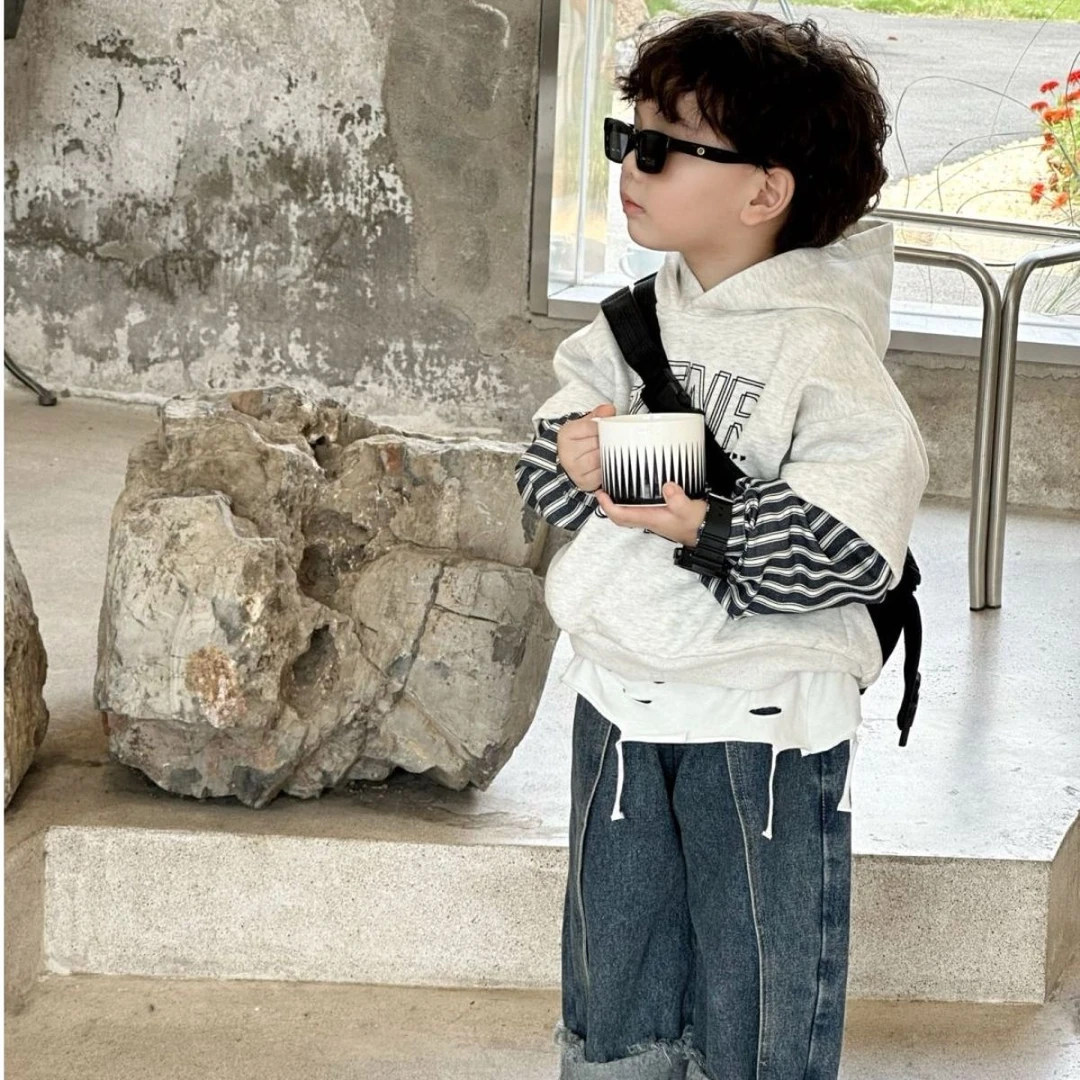 儿童套装2025春秋新款韩版男童洋气印花卫衣假两件百搭牛仔裤CM