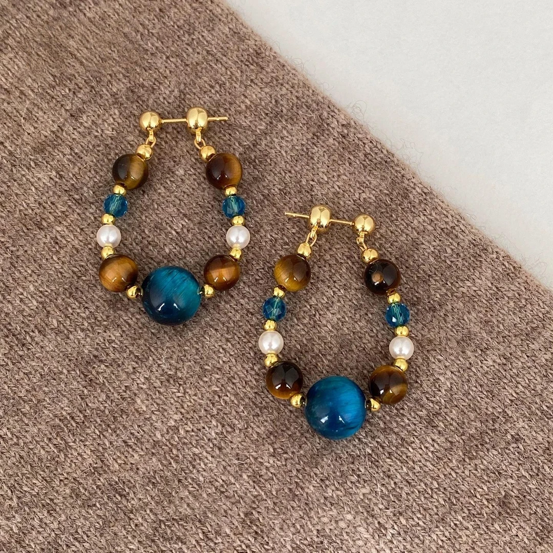 CAIEM KAIET 925银耳饰 S925银针正品虎眼石撞色串珠耳环女简约