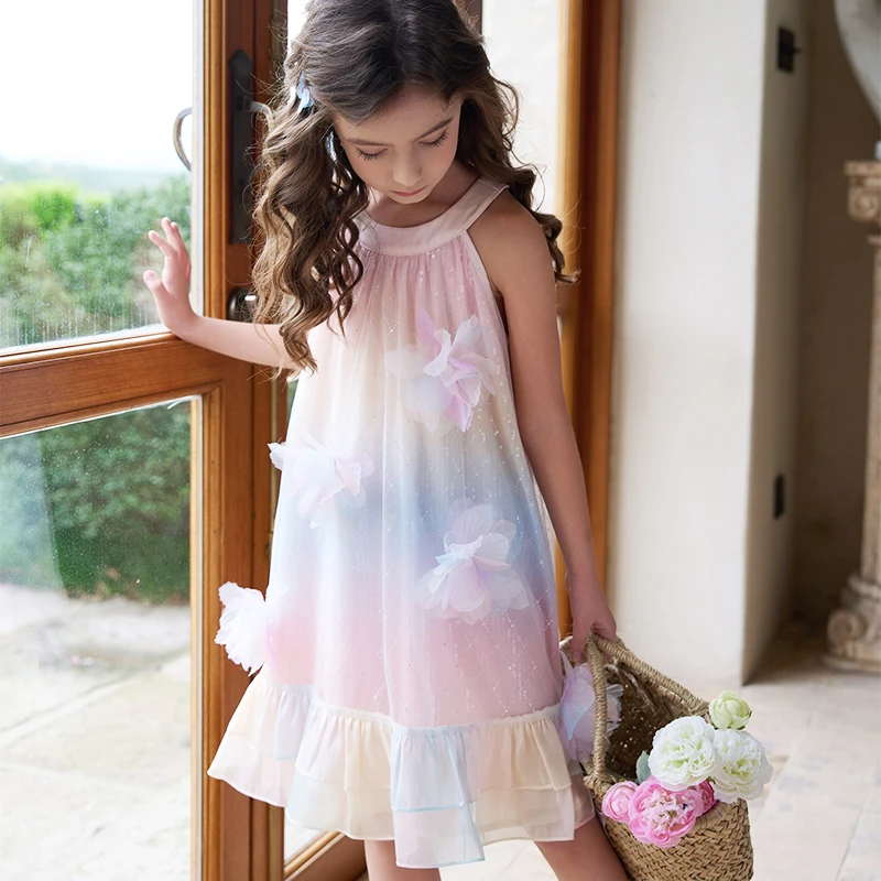 尤画2025夏季七彩少女裙子炸街女童公主裙韩版挂脖连衣裙子68189