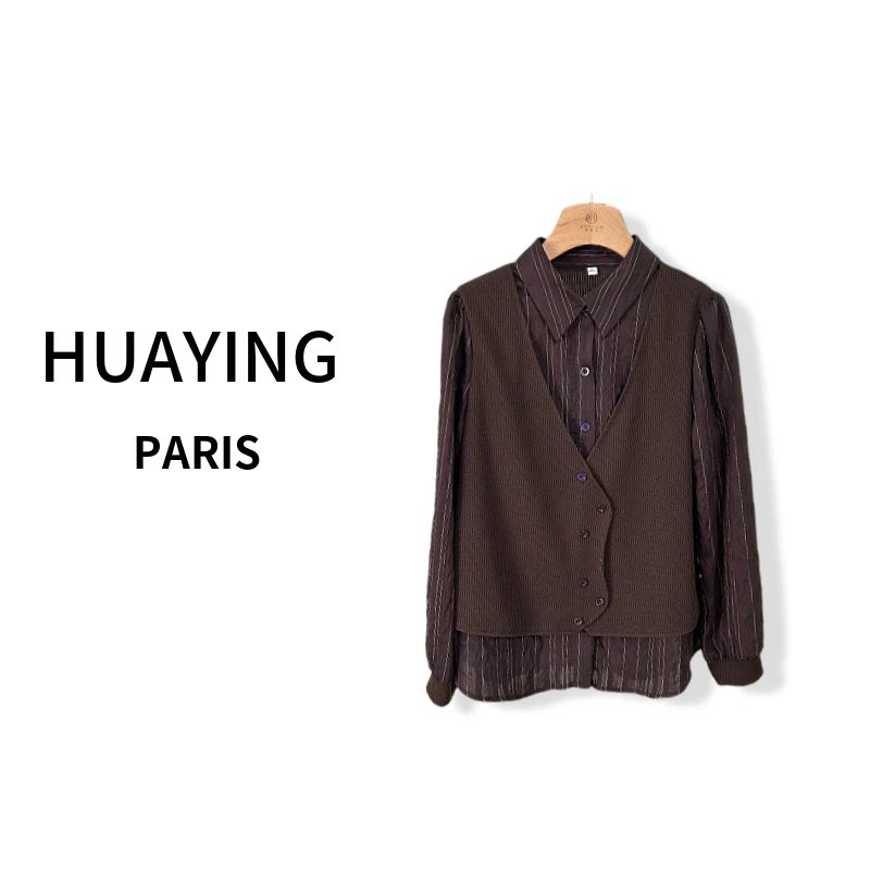 花楹771假两件针织拼接条纹衬衫春季时尚百搭休闲款