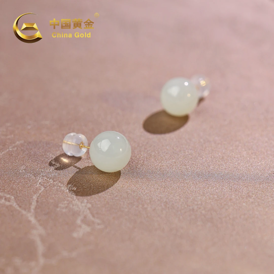 【中国黄金】18K金和田玉白玉耳钉-R1446-【北】