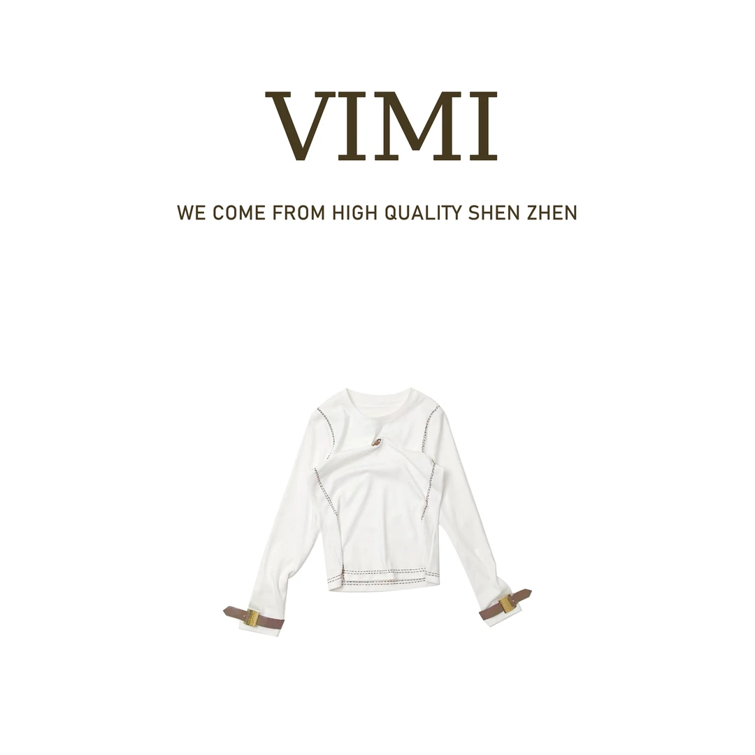 VIMI·小牛皮装饰纯色休闲风百搭圆领刺绣长袖打底T恤NS17035