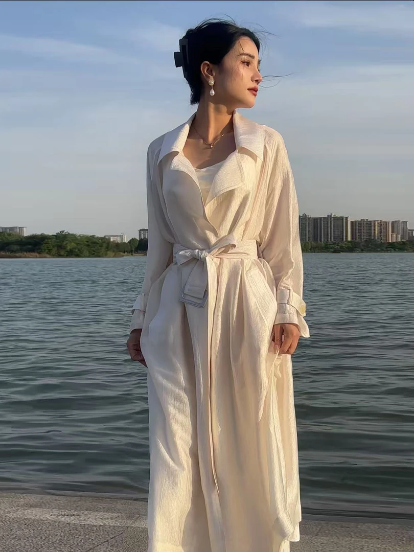 25夏季新款女装醋酸防晒衣时尚长款开衫外套气质飘逸气质风衣女