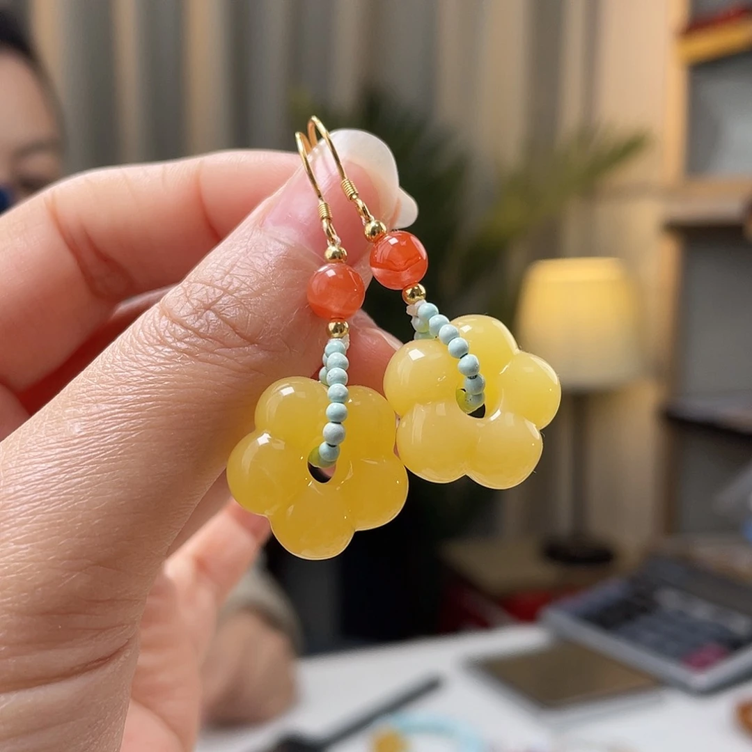 琥珀裸石银S925镶嵌蜜蜡耳环