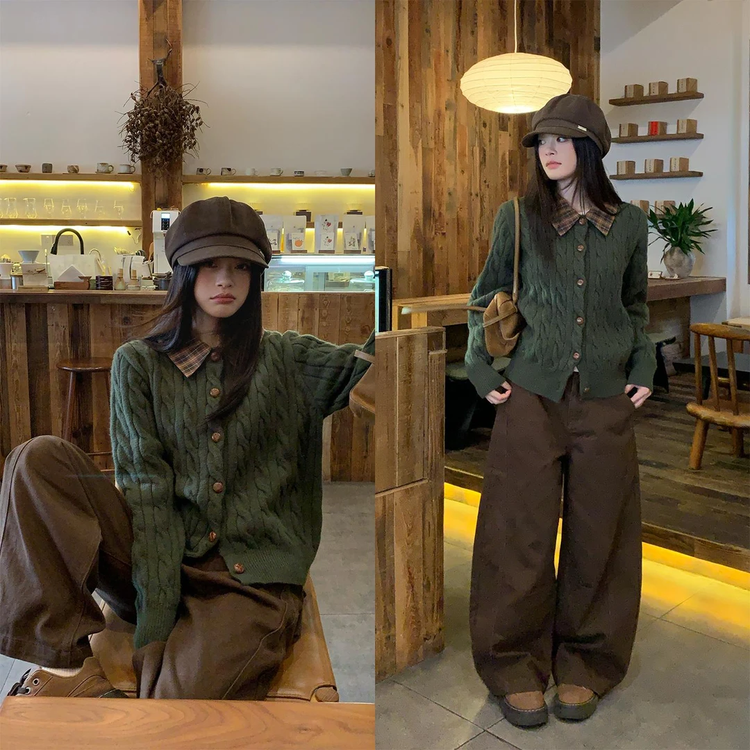 橄榄绿拼格子针织毛衣开衫女冬季款2025新款百搭巨好看翻领外套