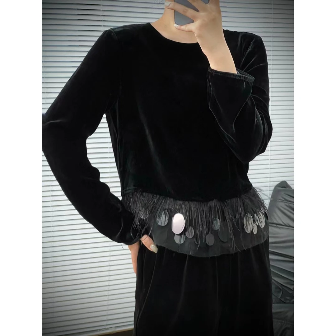 【小黑家】长 真S丝绒亮片毛毛拼接气质名媛衣T恤21126