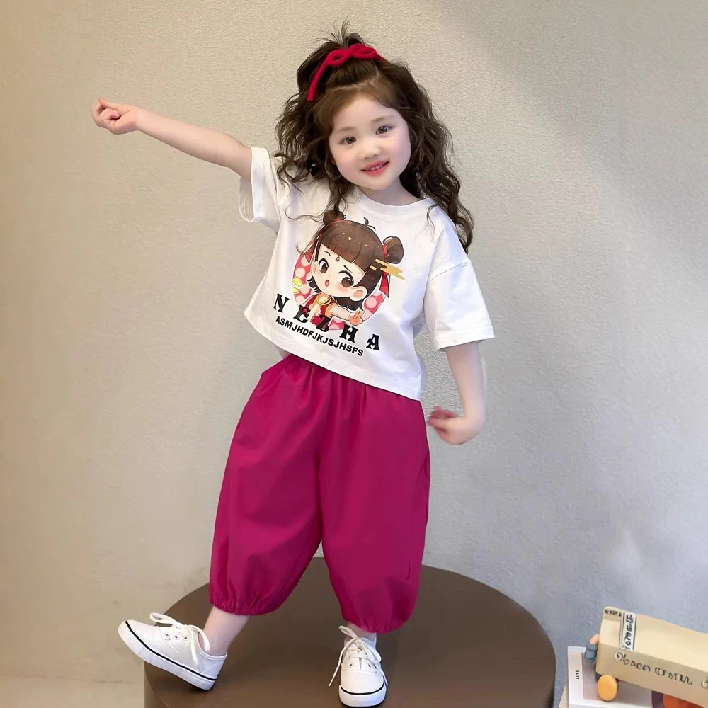 2025年新款女童夏装哪吒宽松短袖女宝洋气套装夏季薄款童装两件套