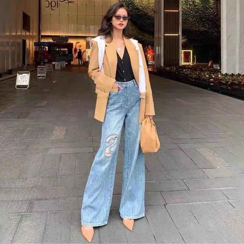 破洞牛仔裤女新款夏款水洗S字母长裤子5100328