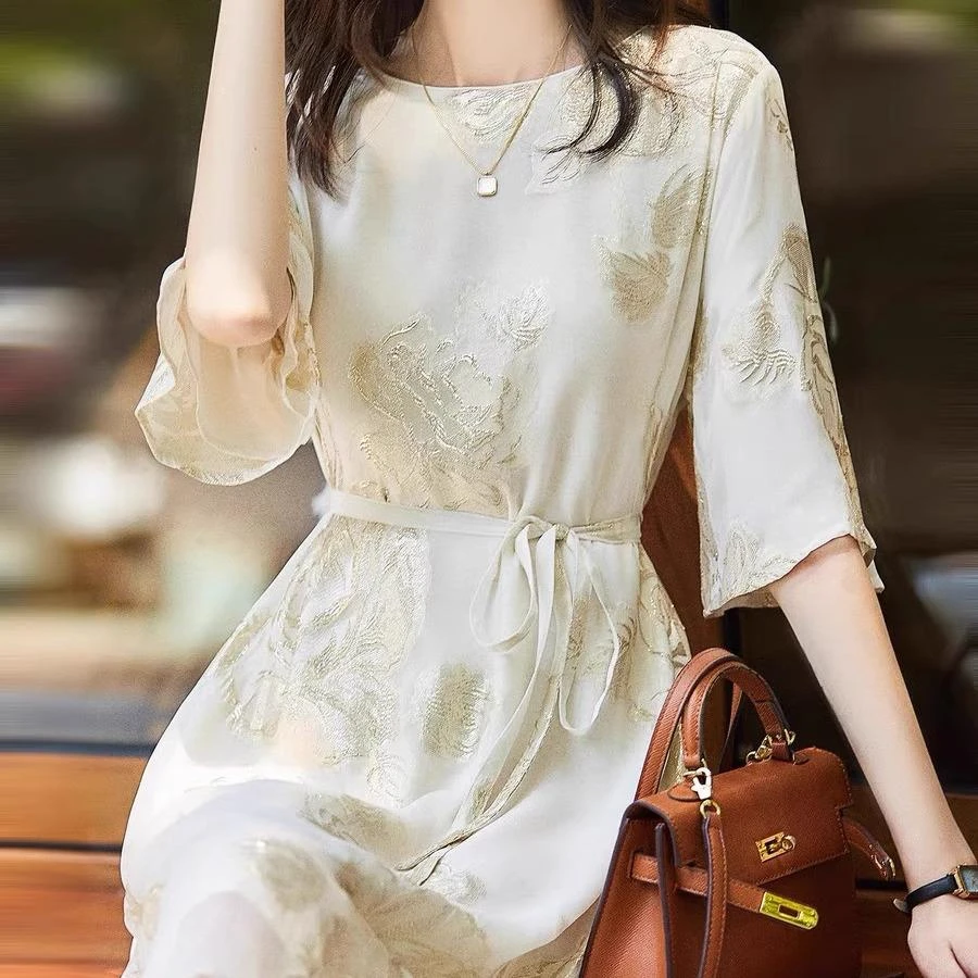 哥弟阿玛施正品专柜2025夏新款桑蚕丝高级感提花中袖连衣裙女裙子