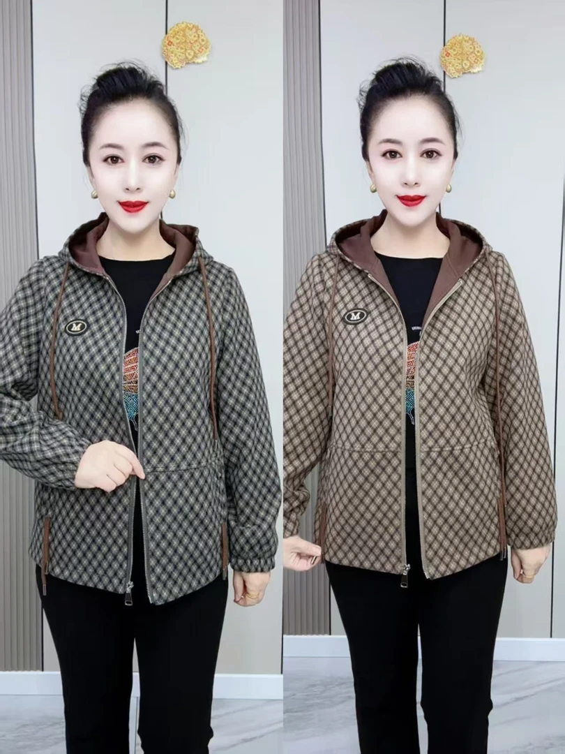 LY12春款拉链连帽格子外套