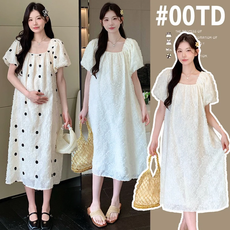 2025雪纺孕妇装连衣裙夏装方领波点泡泡袖连衣裙宽松大码显瘦气质