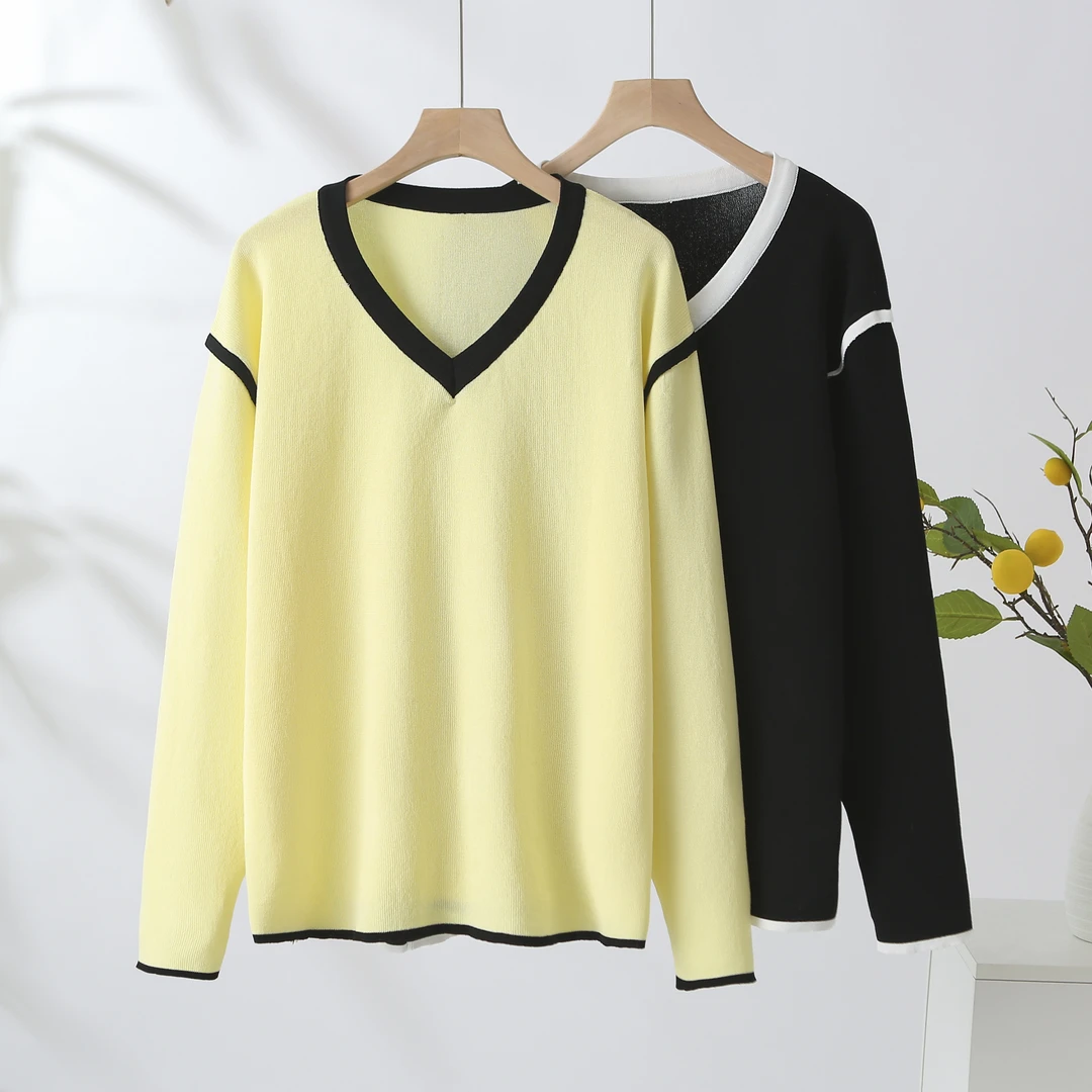 2025春季新款慵懒风V领毛针织衫长袖打底针织衫时尚百搭撞色韩版