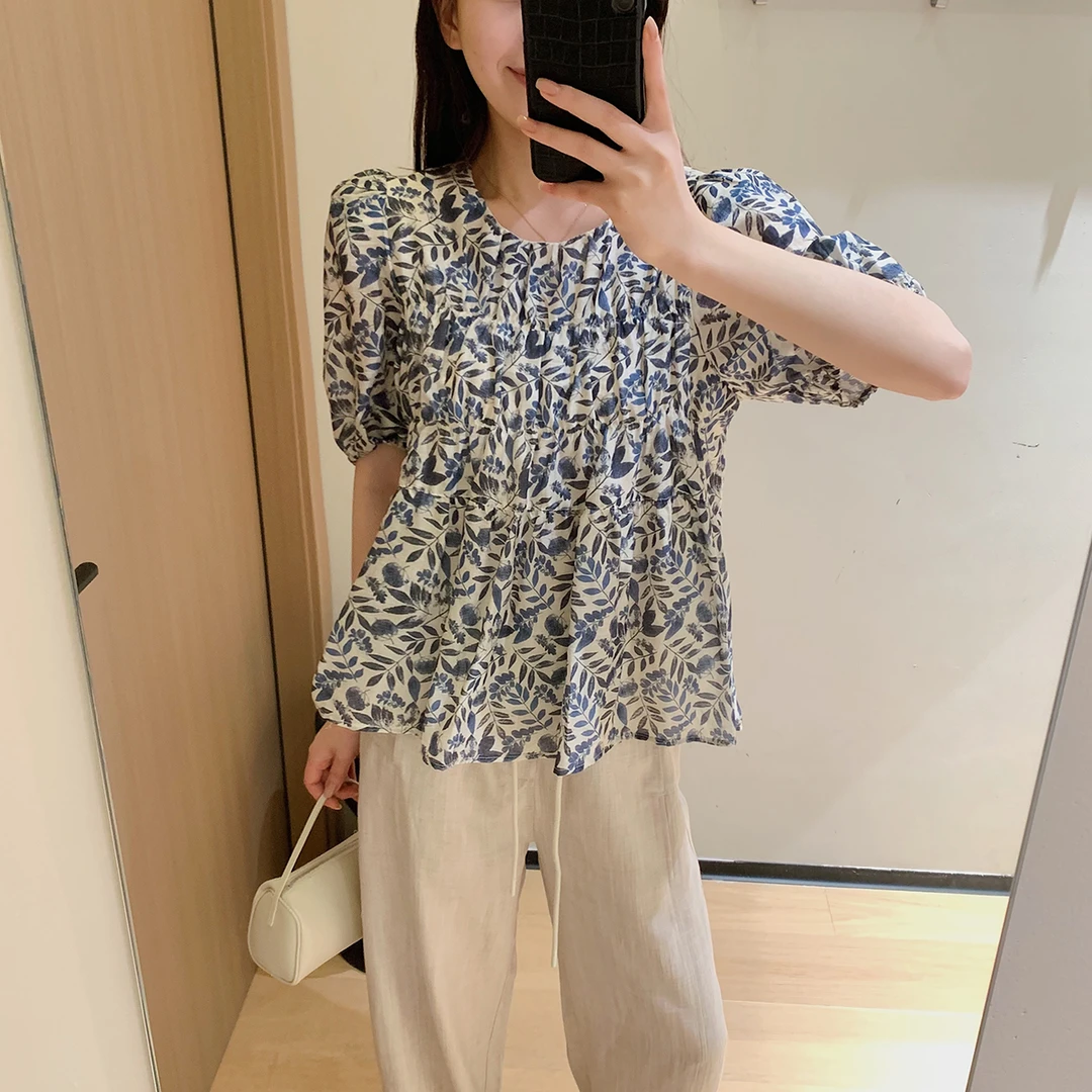 大叮自制【素雅蓝叶花】高密天丝亚麻印花泡泡袖荷叶摆小衫！S6113