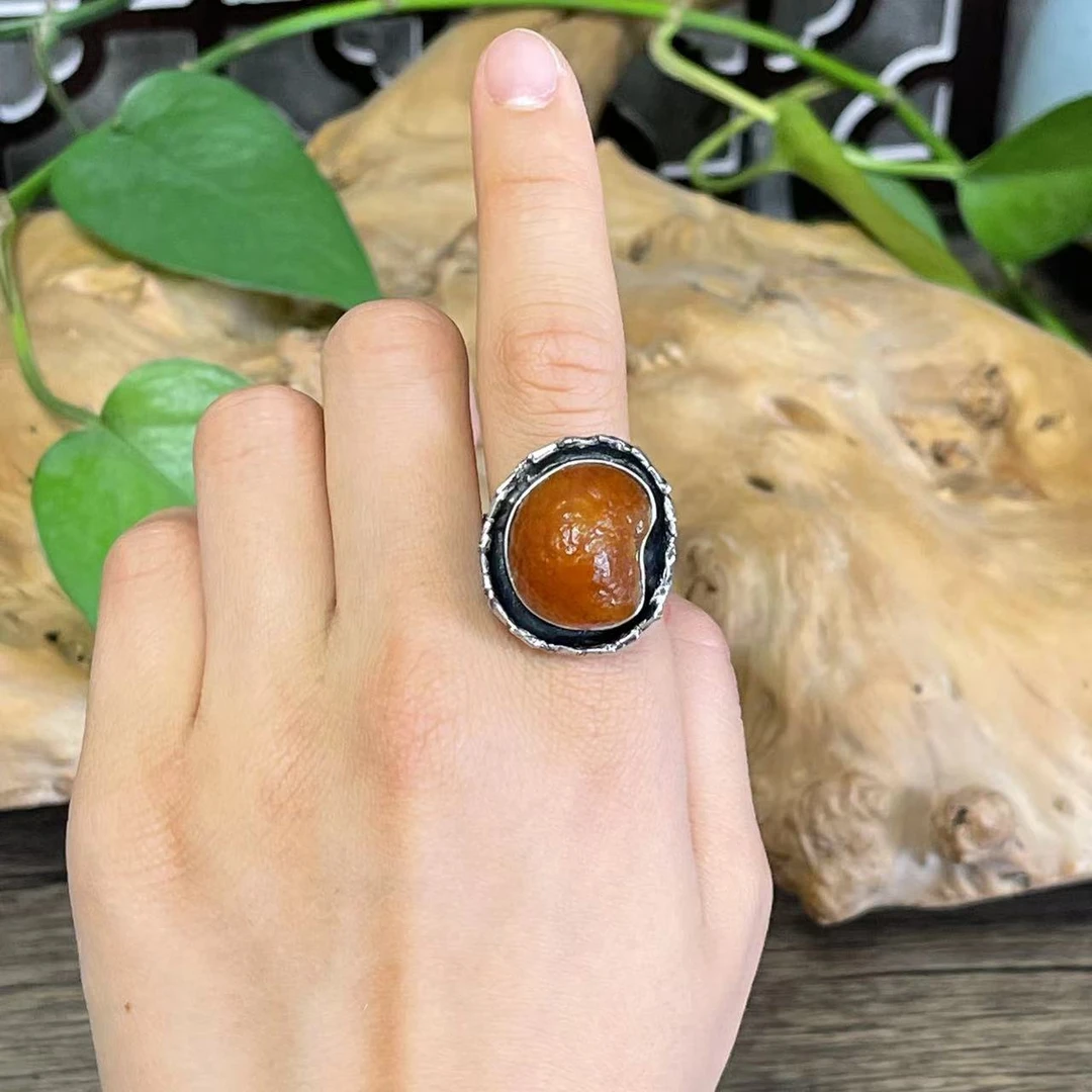 LYliuyng海漂小原皮琥珀蜜蜡纯手工银镶嵌个性戒指原石蜜蜡银戒指