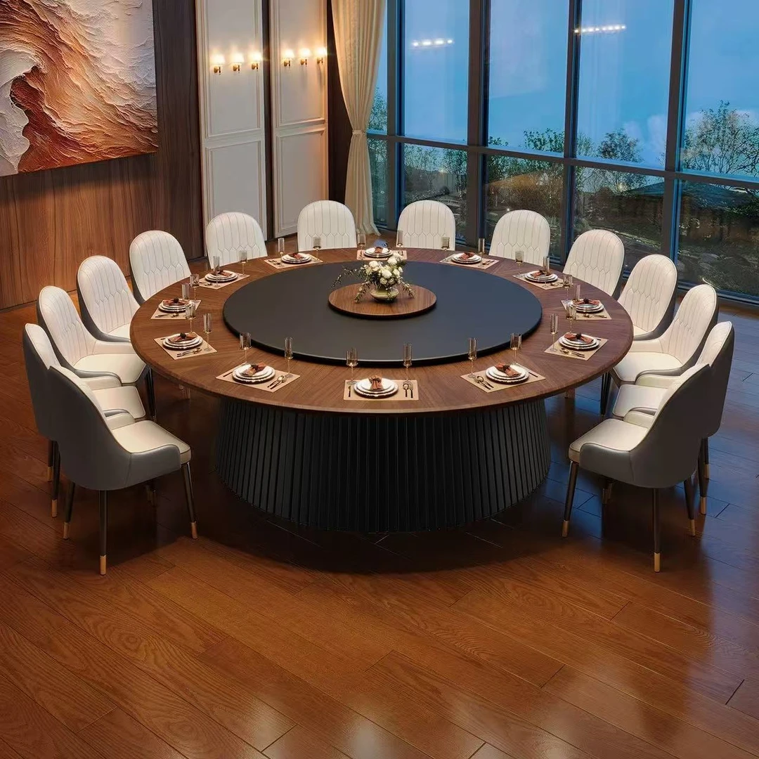 新中式酒店大圆桌手动电动实木餐桌椅带岩板转盘饭店会所宴会桌