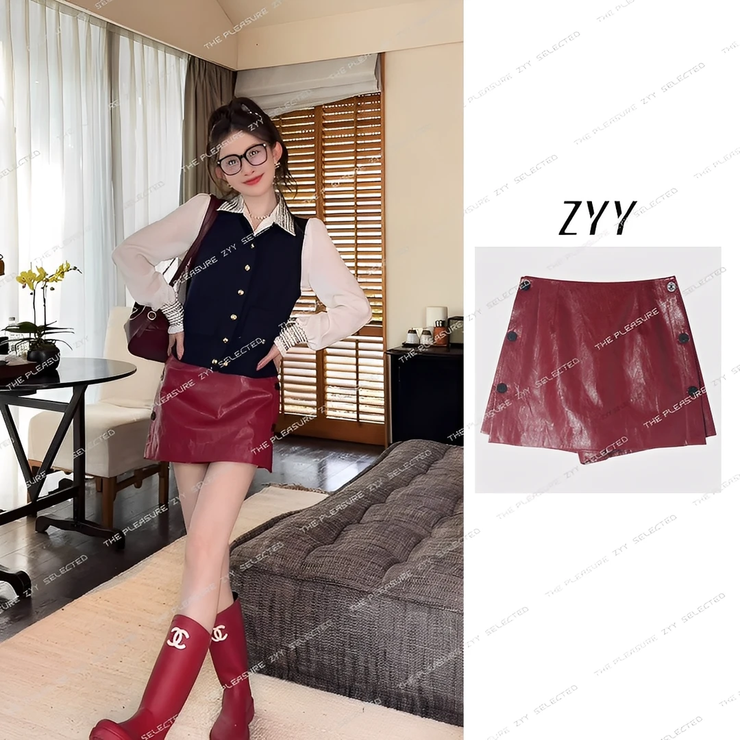 ZYY【炽焰流光】2025S/S新品复古A字皮裙可拆两穿裙裤女X25QDQ02774