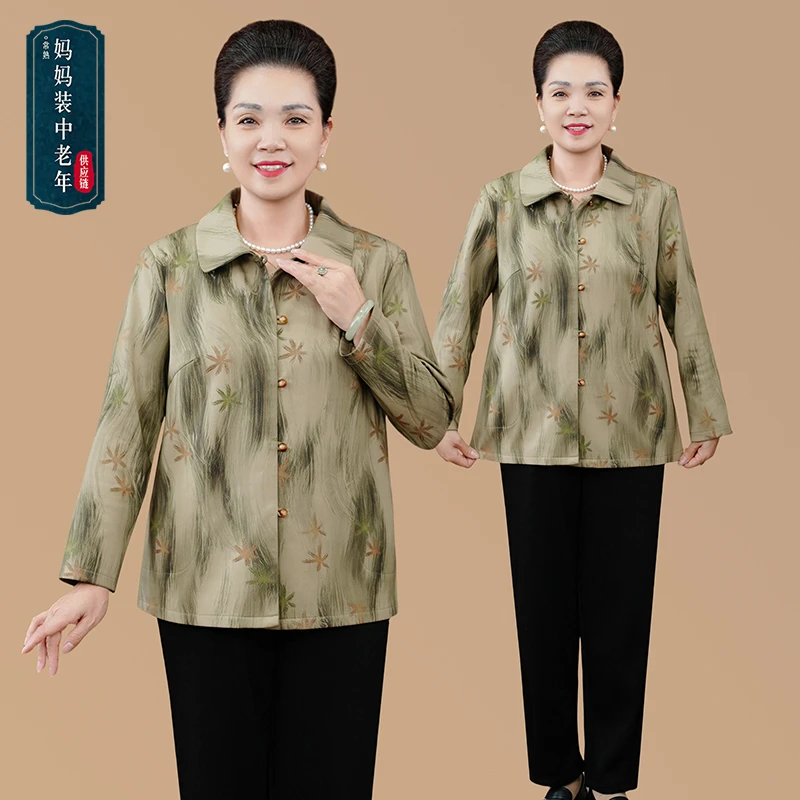 秋季新中式时尚气质翻领印花排扣上衣中老年女装妈妈装国风短外套