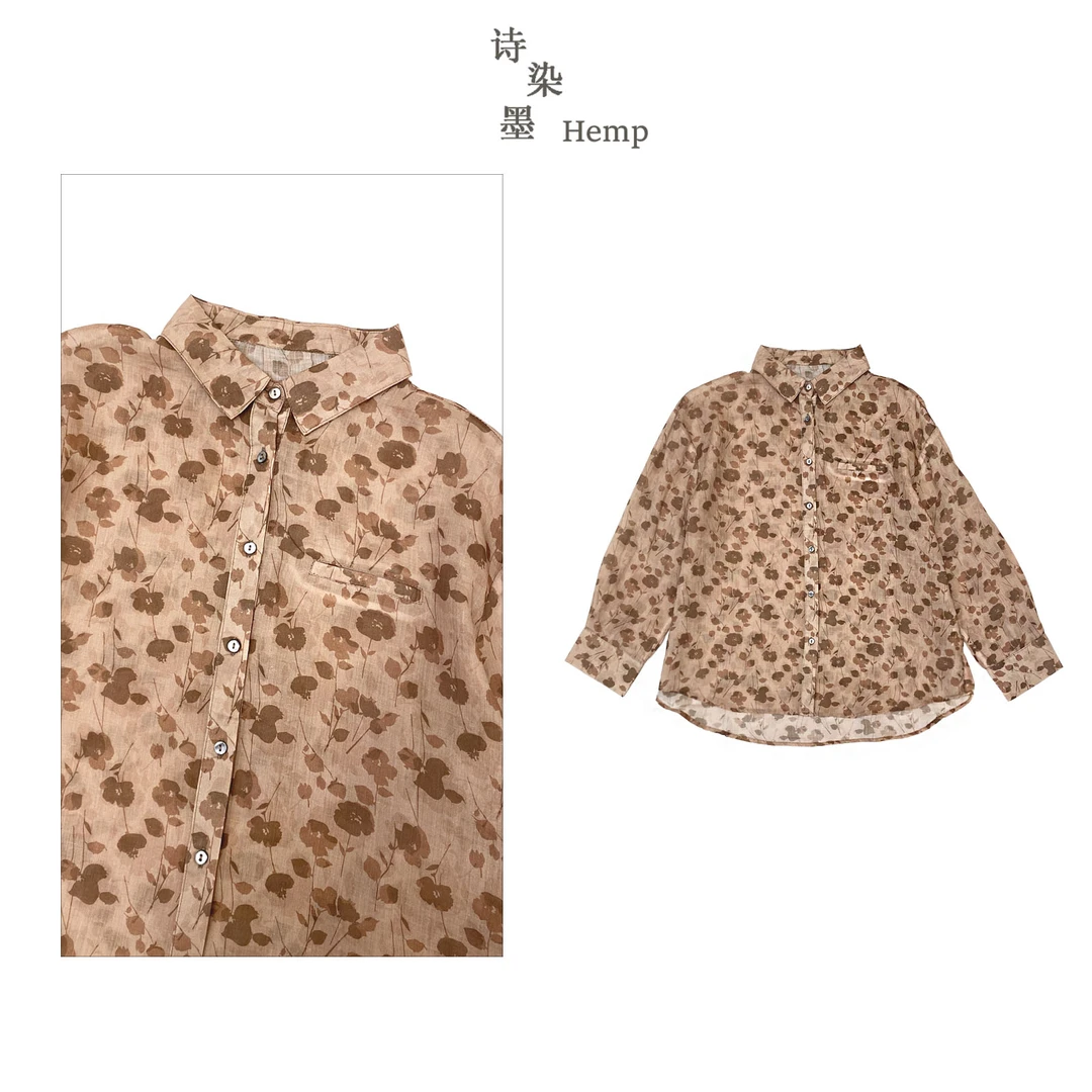 【秋叶梧桐印花假口袋苎麻衬衫】4943
