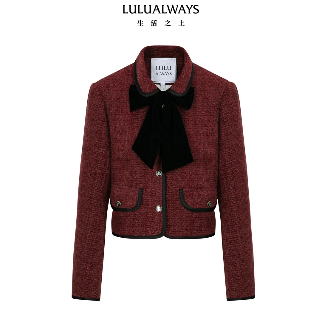 LULUALWAYS我爱露露25冬季新款气质富家千金蝴蝶结小香风加棉外套