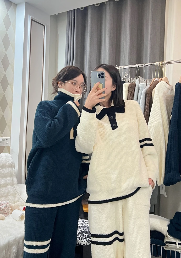 秋冬新款半边绒睡衣撞色高领保暖情侣可外穿居家服套装KL25-C066