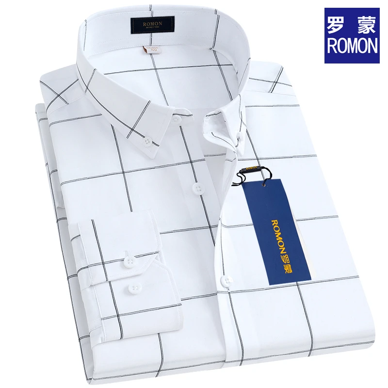 罗蒙纯棉男士长袖衬衫免烫抗皱白色格子商务休闲潮流轻奢百搭衬衣