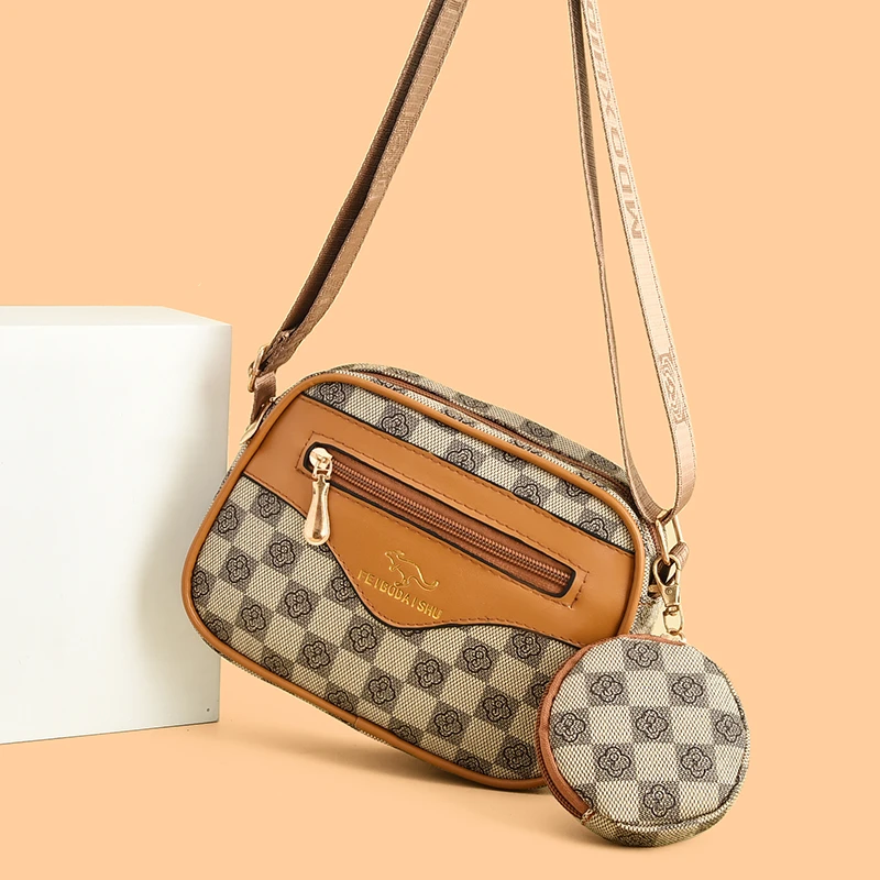 耐磨单肩多层款斜挎包女式小包小方包工装风中性风6658棋盘格卡其