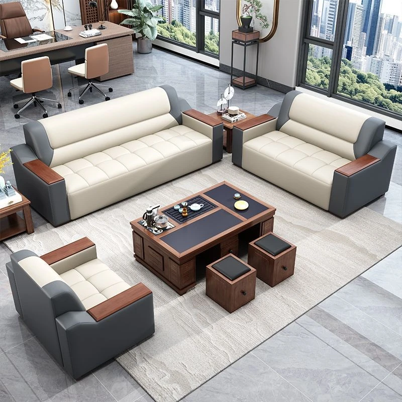 办公室茶桌一体整套商务休息会客接待贵宾办公沙发真皮沙发三人座