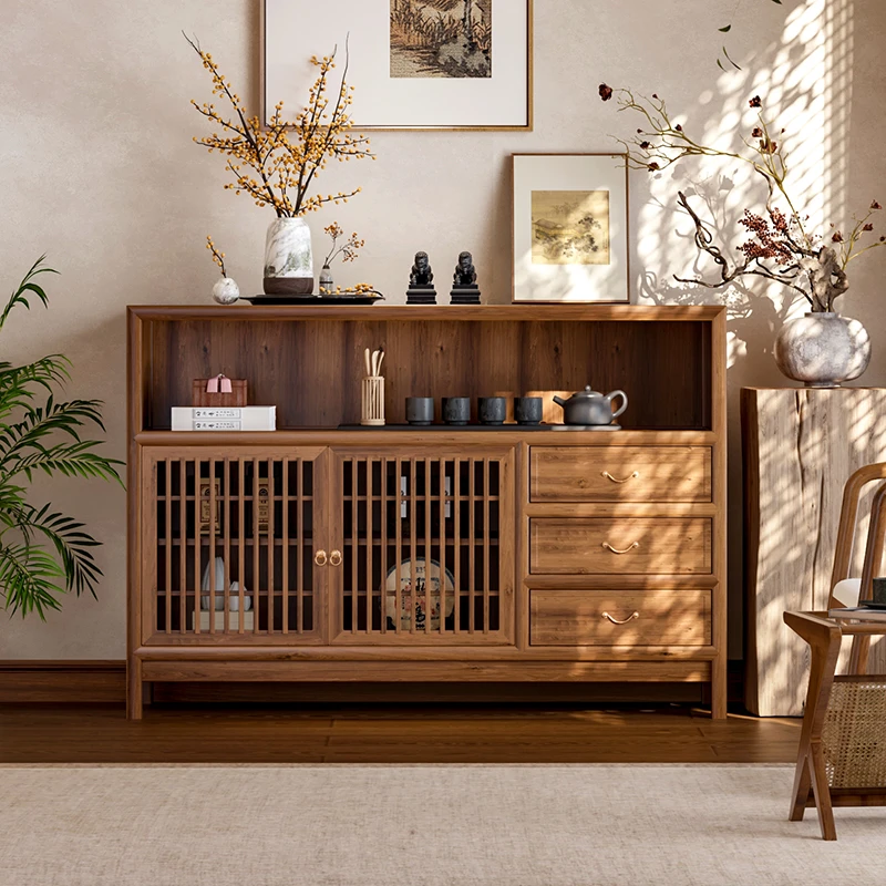 新中式实木餐边柜家用客厅柜榆木茶边柜茶室茶具储物柜