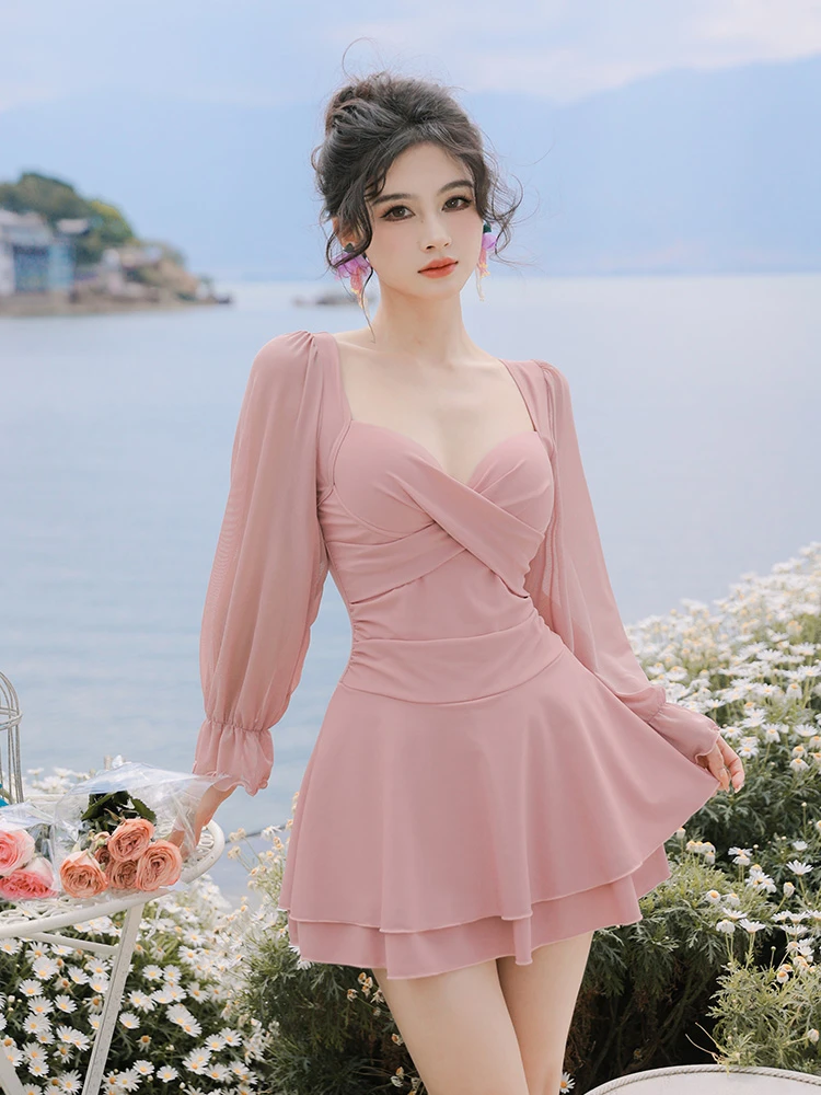 JX2025新款简约纯色大码胖mm泳衣女遮肚修身显瘦度假防晒连体裙式