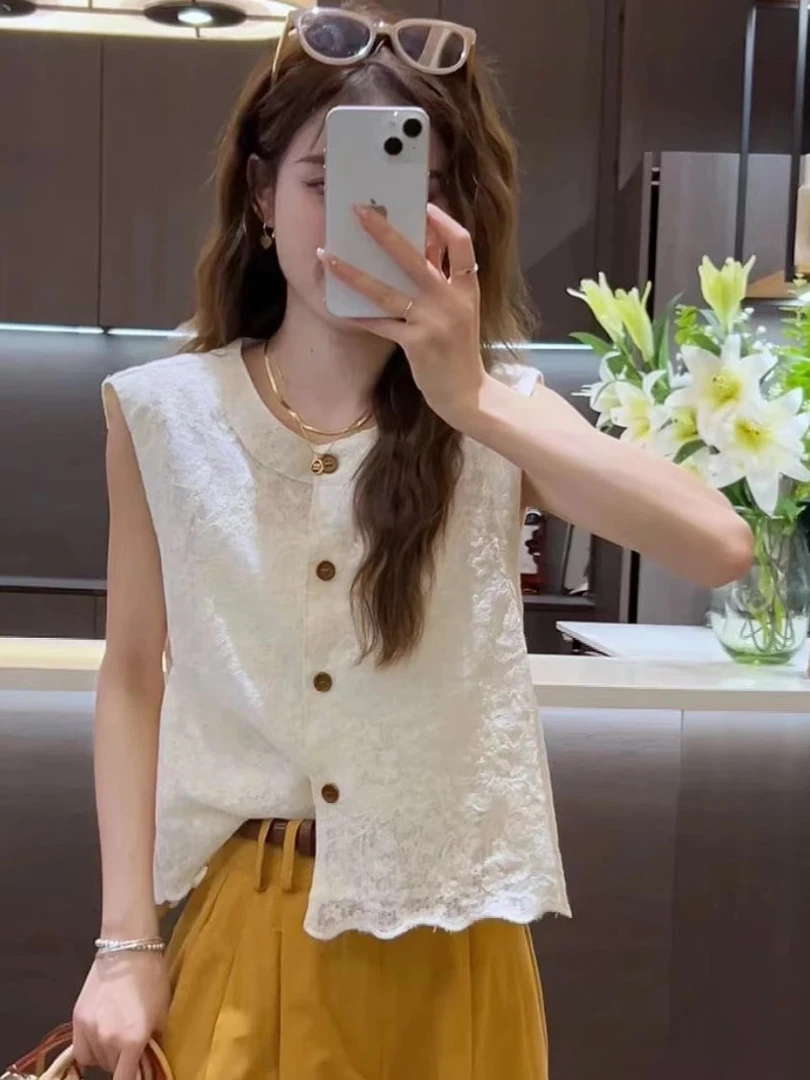 （运补6 ～8米）韩系气质法式高级感提花圆领无袖蕾丝马甲名媛上衣