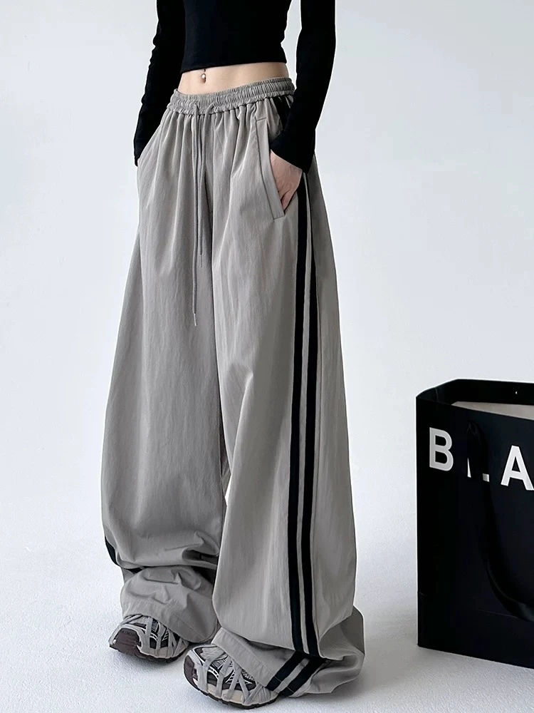 美式侧边条纹阔腿裤女夏2025新款运动潮牌爵士舞蹈宽松休闲工装裤