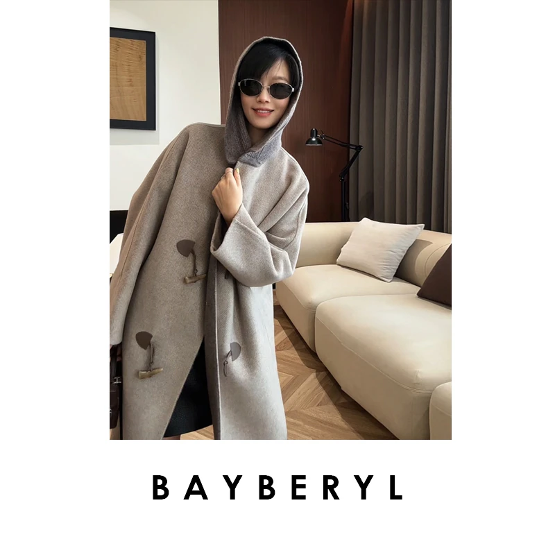 BAYBERYL老贝悠然*牛角扣针织连帽羊绒雅奢秋冬大衣MF5G0127-9/17