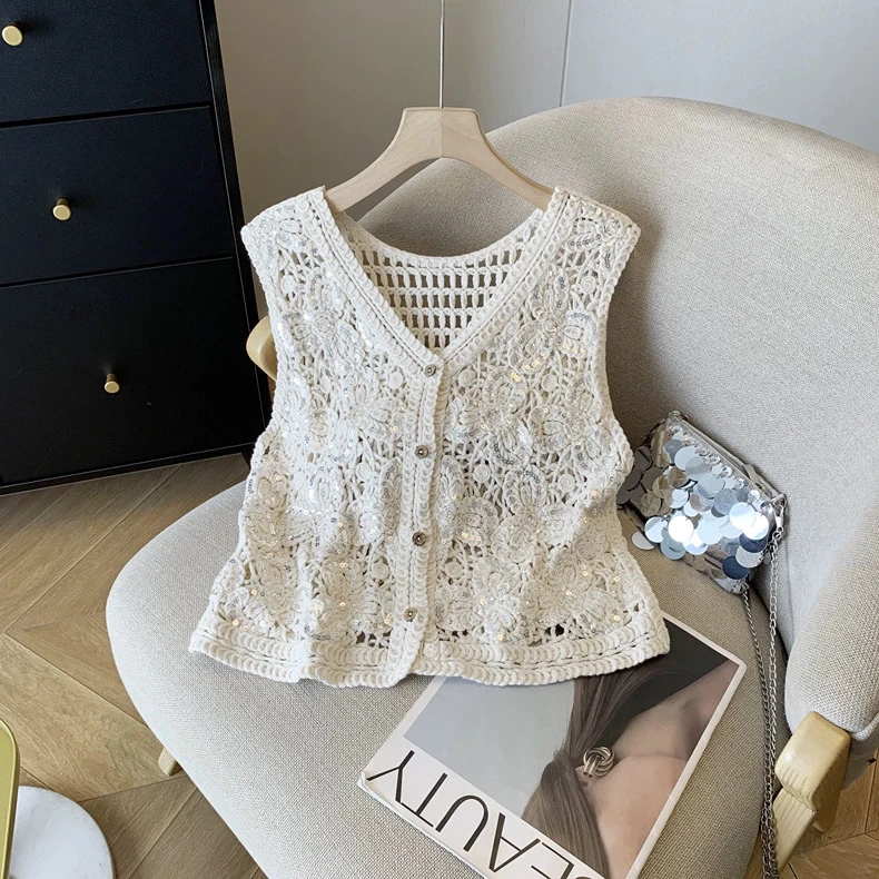法式亮片针织马甲女夏季款设计感外穿超无袖马夹上衣外套镂空背心