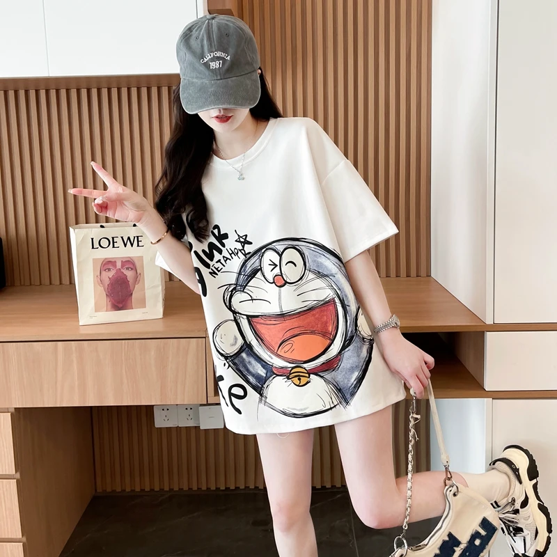 宽松中长款纯棉短袖T恤女夏季韩版设计感时尚卡通大码减龄上衣ins