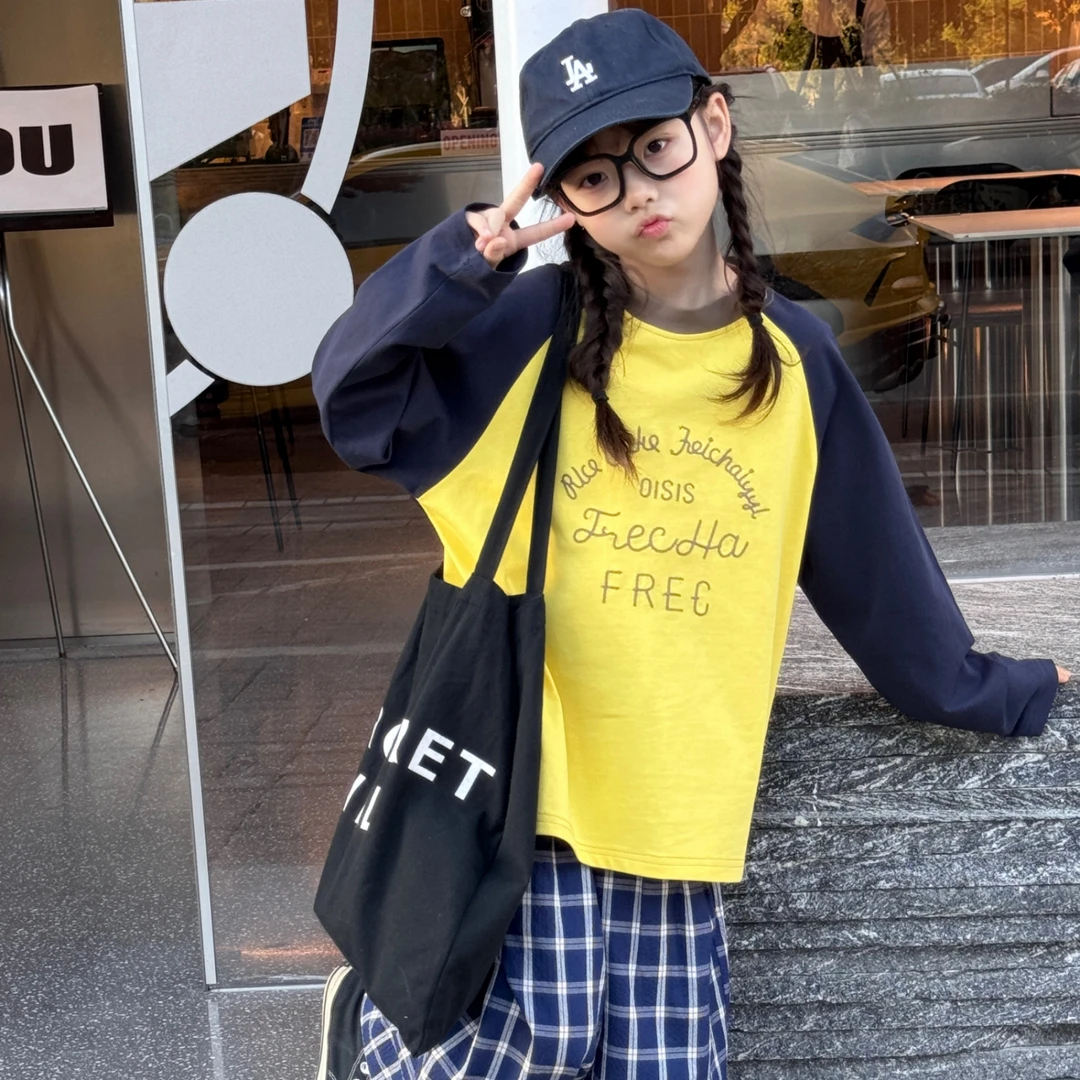 <Halo.花花>正品25新款洋气春儿童休闲风百搭风长袖T恤慵懒插肩袖