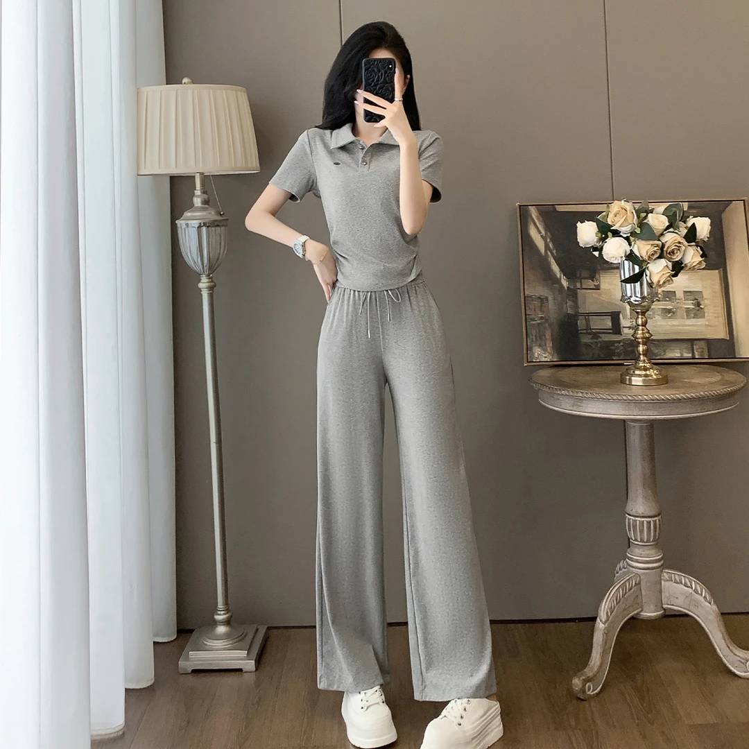 韩风休闲运动时尚套装女夏2025新款洋气减龄短袖上衣阔腿裤两件套